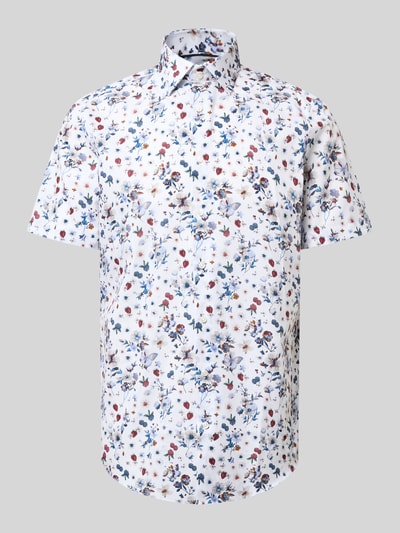 Produktfoto, Regular Fit Business-Hemd aus Baumwolle mit Kentkragen von Christian Berg Men, weißes Hemd mit buntem Allover-Blumenmuster, reine Baumwolle, kurze Ärmel, strukturierte Oberfläche, moderne Optik