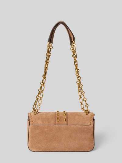 Productfoto, lichtbruine Handtasche met Schulterriemen Modell 'TRIBECA' van MICHAEL Michael Kors van suède, goudkleurige metalen ketting, hoofdvak met overslag en kliksluiting, 23x13x7 cm, schouderriem 109 cm lang