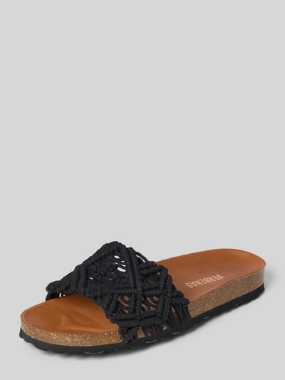 Produktfoto, Sandalette in Schlupfform Modell 'RAGA KNOTS' von Verbenas, Abgerundete-Spitze, profilierte Sohle, Absatzhöhe 3 cm, Größe 40, schwarze Flechtoptik, braune Decksohle, strukturierte Oberfläche
