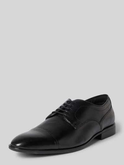 Produktfoto, schwarze Schnürschuhe aus echtem Leder Modell 'Thalos' von Geox, schmale Passform, leicht profilierte Sohle, elegante glatte Textur.