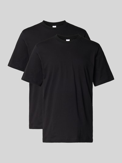 Produktfoto, czarne T-shirt z prążkowanym okrągłym dekoltem T-Shirt mit geripptem Rundhalsausschnitt von Schiesser, męski t-shirt z bawełny, krój regular fit