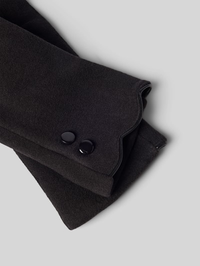 Produktfoto, Handschuhe aus elastischem Material-Mix mit Zierknöpfen von EEM, schwarzer Stoff, Saum-Detail in Leder-Optik, glatte Textur