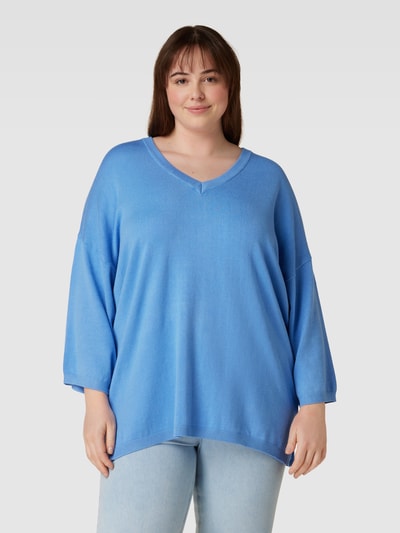 Fransa Plus PLUS SIZE gebreide pullover met V-hals, model 'Blume' Koningsblauw - 4