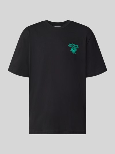 Produktfoto, schwarzes Regular Fit T-Shirt aus reiner Baumwolle Modell 'VIBING COCO' von REVIEW, Print und Rundhalsausschnitt, Herren T-Shirt.