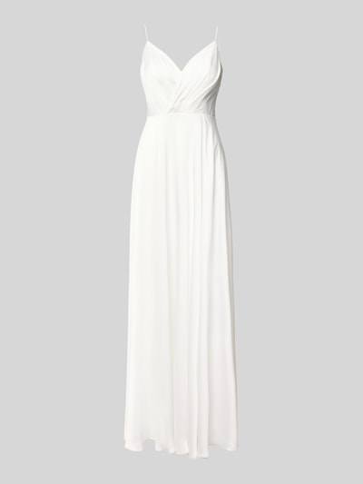 Produktfoto, Abendkleid mit V-Ausschnitt und Spaghettiträgern von Laona aus weißem Satin, A-Linie, Maxikleid, fließende Textur.