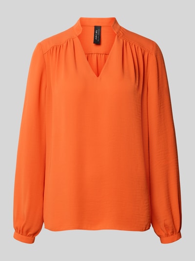 Productfoto, Regular Fit Bluse met V-hals van Marc Cain, oranje, recht model, staande kraag, plooien, ruglengte 63 cm, mouwlengte 65 cm.