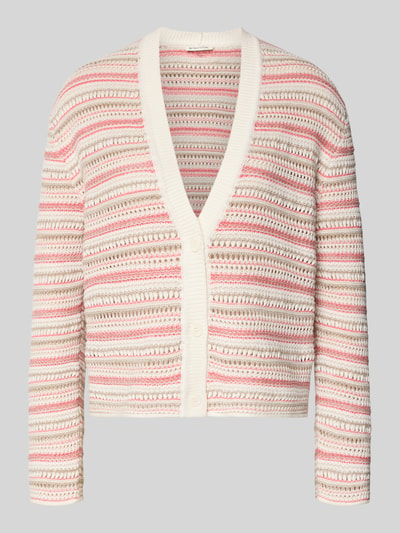 Produktfoto, Relaxed Fit Strickjacke aus reiner Baumwolle von Tom Tailor, mehrfarbig gestreift, V-Ausschnitt, langarm, Strickstruktur