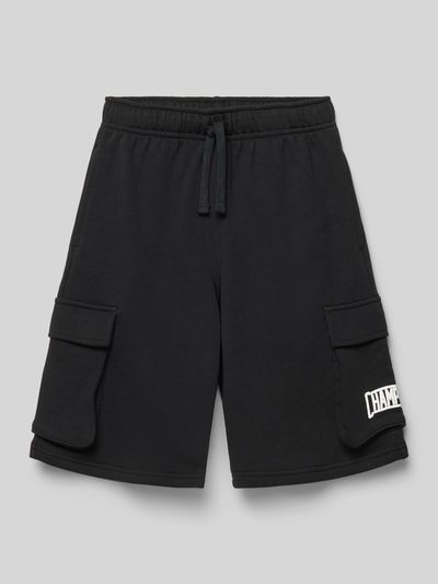 Produktfoto, Bermudas aus Baumwoll-Mix mit Label-Detail von CHAMPION, czarny kolor, proste nogawki, elastyczny pas ze sznurkiem, kieszenie boczne i cargo, szerokość w rozmiarze 140: 30 cm, długość wewnętrzna nogawki w rozmiarze 140: 22 cm