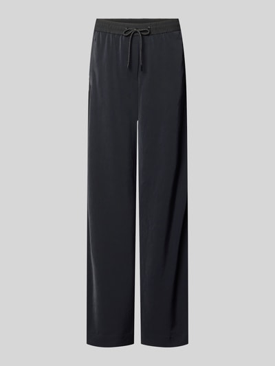 Produktfoto, Schlupfhose mit seitlichen Label-Details und elastischem Bund von Marc Cain, Relaxed-Fit, Schwarz, Eingrifftaschen, Tunnelzug, Bundweite bei Größe 36 39 cm, Innenbeinlänge bei Größe 36 85 cm, schlichte glatte Oberfläche.