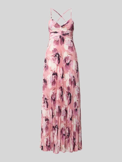 Produktfoto, Regular Fit Abendkleid in Plissee-Optik von ADLYSH mit floraler Allover-Print, Rückenausschnitt, Spaghettiträger, taillierte Passform, Rückenlänge bei Größe S 111 cm, Brustweite 32 cm, rosa-lila Töne, fließende Plissee-Struktur.
