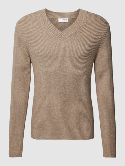 SELECTED HOMME Strickpullover mit geripptem V-Ausschnitt Modell 'RONN' Beige 2