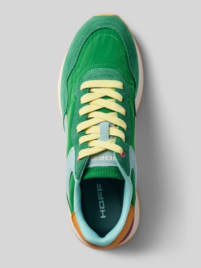 Produktfoto, Sneaker aus Leder-Mix in Suede-Optik Modell 'City' von HOFF, grün mit gelben und hellblauen Details, Damen Sneaker, abgerundete Passform, Schnürverschluss, profilierte Sohle, Absatzhöhe 3 cm, Schafthöhe 8 cm, Schaftweite 8 cm, Farbkombination grün, gelb, hellblau und beige, glatte und leicht strukturierte Texturen