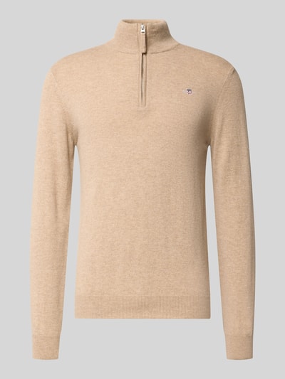 Gant Regular Fit Pullover mit Strick-Optik aus reiner Lammwolle Sand Melange 2