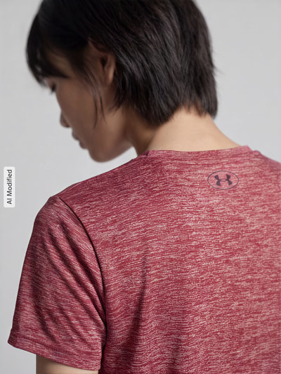 Kobiece modelka nosi czerwone Loose Fit Sport-T-Shirt mit Logo-Print od Under Armour, lekka melanżowa tekstura, widok z tyłu, KI-modifiziertes Bild