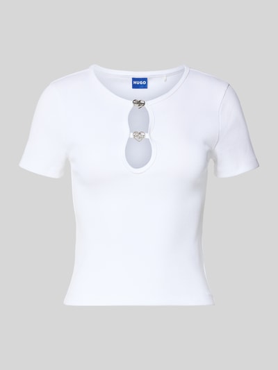 Produktfoto, Slim Fit T-Shirt aus Baumwoll-Mix Modell 'DIHEART_B' von Hugo Blue, Optik: Unifarben, Label-Applikation aus Metall, Ripp-Struktur, Rundhals mit Cut-Out, Kurzarm