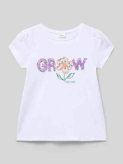 Produktfoto, A-Shape Fit T-Shirt aus reiner Baumwolle von s.Oliver RED LABEL, Kinder T-Shirt mit Optik: Unifarben, Motiv-Print, Motiv-Stitching, Pailletten, Rundhals, Kurzarm, Materialverarbeitung: Jersey, Farbe Weiß