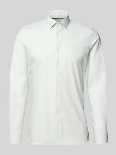 Produktfoto, weißes Super Slim Fit Business-Hemd Modern Kent Uni Twill von OLYMP No. Six, elastischer Baumwoll-Mix, glatte Struktur, Knopfleiste, schlichte Farben, Herren Hemd, Rückenlänge 80 cm, Schulterbreite 44 cm, Ärmellänge 66 cm