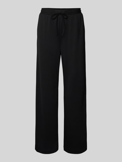Produktfoto, schwarze Stoffhose mit elastischem Bund Modell 'NANNI' von FREE/QUENT, lockerer Schnitt, glatte Textur, Vorderansicht, Material-Mix mit Viskose, französische Eingrifftaschen, Gesäßtaschen, sichtbarer Tunnelzug am Bund
