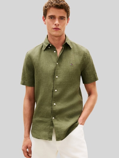 Tommy Hilfiger Regular Fit Kurzarmhemd aus reinem Leinen Oliv 4