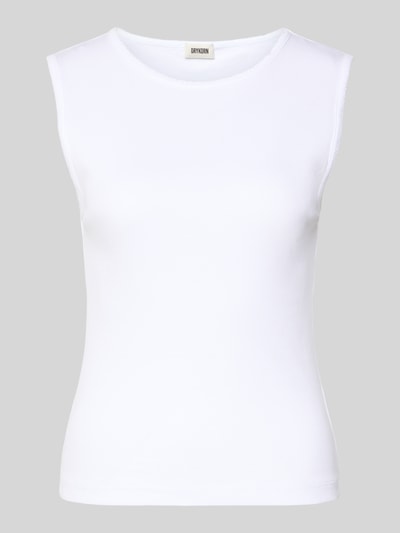 Produktfoto, białe Tanktop mit Rundhalsausschnitt Modell 'FARIDA' von Drykorn z czystej bawełny, krój slim fit, faktura prążkowana