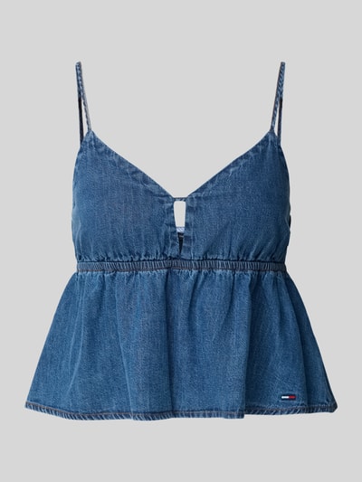 Produktfoto, Denim Blusentop aus reiner Baumwolle von Tommy Jeans in Jeans-Optik, Cropped-Länge, V-Ausschnitt, Spaghettiträgern, blaue Struktur