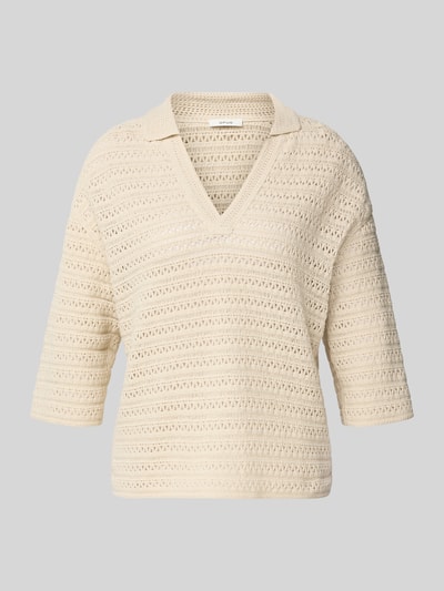 Produktfoto, kremowy Strickpullover mit V-Ausschnitt und 3/4-Arm Modell 'Garakino' von OPUS, czysta bawełna, krój relaxed fit, polokrag, tekstura ażurowa