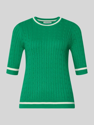 Produktfoto, Strickpullover mit gerippten Abschlüssen von Christian Berg Woman, bawełniany miks, krój regular fit, zielony z białymi ściągaczami, okrągły dekolt, rękaw 1/2, długość pleców w rozmiarze S: 58 cm, długość rękawa w rozmiarze S: 33 cm