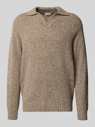 Profuomo Gebreide pullover met polokraag en v-hals Lichtbruin gemêleerd - 1