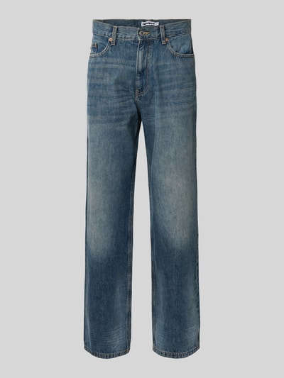 Produktfoto, Jeans mit 5-Pocket-Design von REVIEW, Gerader-Schnitt, mittleres Blau, Bundweite 41 cm, Innenbeinlänge 78 cm, strukturierte Denim-Oberfläche
