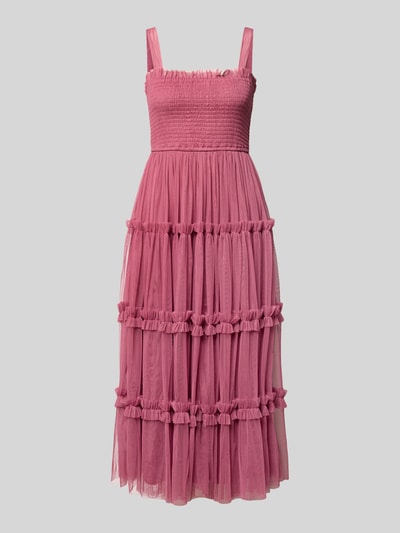 Produktfoto, Knielanges Cocktailkleid mit Smok-Details von LACE & BEADS aus rosa Mesh in A-Linie, Stufen-Look, Träger mit Schnürung
