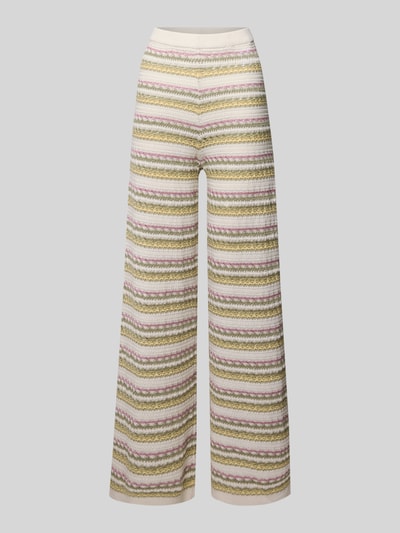 Produktfoto, Bootcut Hose im Allover-Look von Review aus Reine Baumwolle in beige-rosé-gelb mit elastischem Bund und strukturierter Oberfläche.