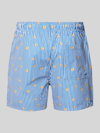 Produktfoto, Badehose im Allover-Look Modell 'MAUI BREEZE' von Jack & Jones, Regular Fit, Blau-Weiß mit gelbem Muster, elastischer Bund, Kordelzug