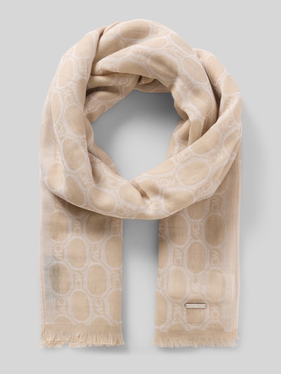 Produktfoto, Schal mit Logo-Muster und Fransen von Marc Cain, Beige mit weißem Logo-Muster, Rechteckig, Baumwoll-Schurwoll-Mix, Allover-Look, Fransen, Label-Detail, Breite 70 cm