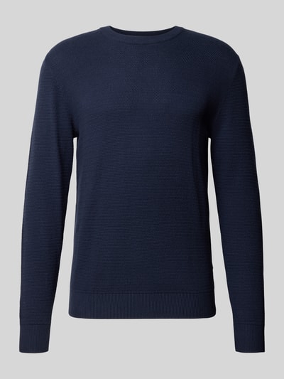 Produktfoto, Strickpullover aus reiner Baumwolle Modell 'Ryder' von JACK & JONES in Dunkelblau, gerippte Abschlüsse, Strick-Optik