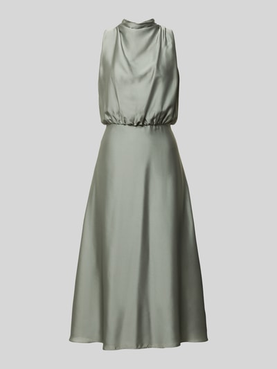 Produktfoto, Cocktailkleid mit Stehkragen von Swing in glänzendem Hellgrün, taillierte Passform, Midikleid, Unterkleid, Reißverschluss auf der Rückseite, Rückenlänge 126 cm, Brustweite 34 cm, glatte Textur