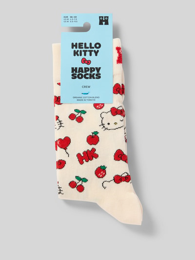 Produktfoto, Socken aus Baumwoll-Mix Modell 'HELLO KITTY CHERRY' von Happy Socks mit roten Kirschen und Hello Kitty, cremiges Weiß, elastisches Rippenbündchen, Label-Detail