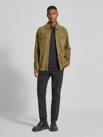 Profuomo Slim fit overhemdjack van echt geitenleer, model 'Overshirt' Groen - 1