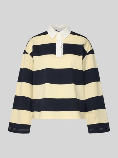 Produktfoto, Longsleeve mit Polokragen von JAKE*S STUDIO WOMAN aus Baumwoll-Mix mit breiten gelb-blauen Streifen, lockerer Schnitt, kurze Knopfleiste, Rückenlänge bei Größe S 60 cm.