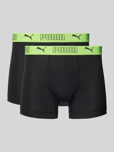 Produktfoto, Slim Fit Trunk mit Logo-Stitching von PUMA für Herren aus Elastischer-Material-Mix, schwarzer Stoff, grüner Elastischer-Logo-Bund.