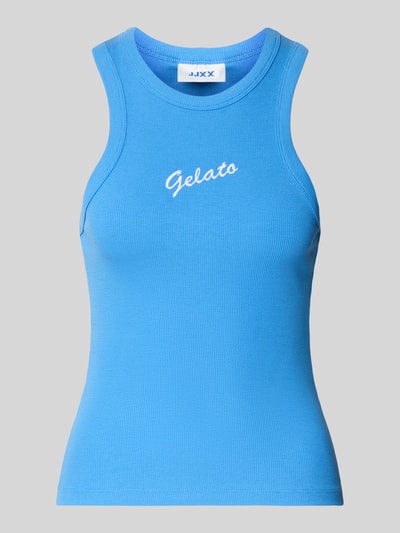 Produktfoto, Trägertop in Ripp-Optik Modell 'FOREST' von JJXX in Blau mit weißem Stitching und Slim Fit aus Baumwoll-Elasthan-Mix.