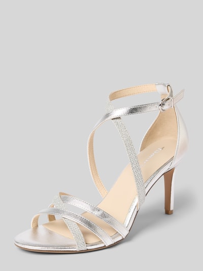 Productfoto, Sandalen in schimmernder Optik van Tamaris, zilver, afgeronde neus, stilettohak, glanzende textuur, gesp als sluiting