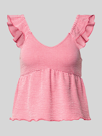 Produktfoto, Regular Fit Trägertop aus Baumwoll-Mix Modell 'MISTY' von Only, Optik: Allover-Muster, gestreift, Frill-Applikation, U-Ausschnitt, schmale Träger, elastisch, Rumpfabschluss: Frill, Materialverarbeitung: Seersucker, Farben: rosa-weiß, Struktur: feine Streifen