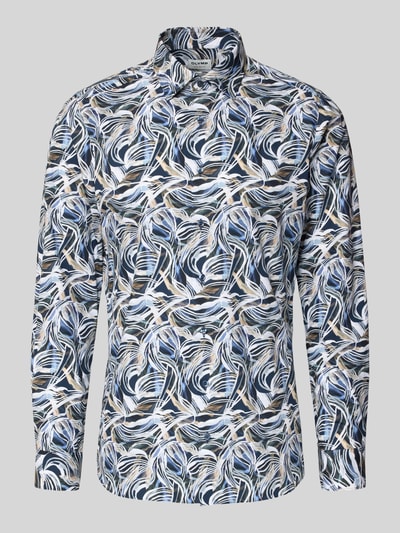 Produktfoto, Slim Fit Businesshemd aus Baumwolle mit Kentkragen von OLYMP Level Five, abstraktes blau-beiges Muster, Knopfleiste, Reine Baumwolle. Rückenlänge 80 cm, Schulterbreite 44 cm, Ärmellänge 67 cm bei Größe 40.