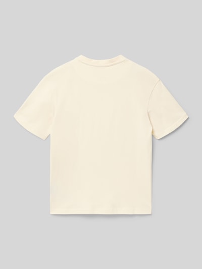 Produktfoto, Regular Fit T-Shirt mit Logo-Stitching von KARL KANI, cremefarben, reine Baumwolle, Rundhalsausschnitt, glatte Textur.
