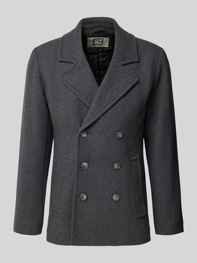 Produktfoto, Regular Fit Jacke aus Woll-Mix mit Reverskragen Modell 'METS' von Casual Friday, dunkelgrau, glatte Oberfläche, sechs Knöpfe, seitliche Eingrifftaschen, klassisches Design, strukturierte Textur, Kontext: Herren Jacke von Casual Friday, Langarm, durchgängige Knopfleiste, Rückenlänge 77 cm, Schulterbreite 46 cm, Brustweite 50 cm, Ärmellänge 57 cm