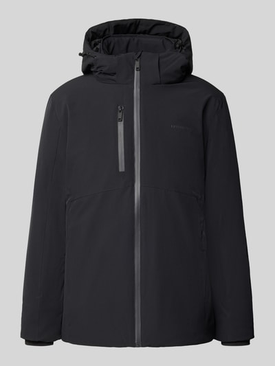 Produktfoto, czarna Regular Fit Jacke mit Logo-Print von Lindbergh z elastycznej mieszanki materiałów, napoleońska kieszeń, kaptur z tunelzug, długość tyłu w rozmiarze M 74 cm, szerokość ramion w rozmiarze M 46 cm, szerokość klatki piersiowej w rozmiarze M 42 cm, długość rękawów w rozmiarze M 62 cm