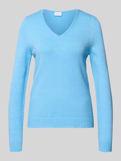 Produktfoto, Regular Fit Longsleeve aus Viskose in Strick-Optik Modell 'Viril' von Vila, hellblau, V-Ausschnitt, elastische Abschlüsse, Damenmode