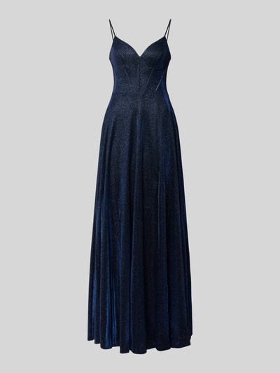 Produktfoto, długie granatowe Schimmerndes Abendkleid mit V-Ausschnitt od LUXUAR FASHION, A-linia, połyskująca tkanina, szerokość w rozmiarze 36: 32 cm, długość tyłu 135 cm, dekolt V, cienkie ramiączka, zamek z tyłu