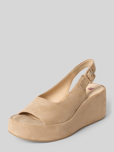 Productfoto, Wedges aus Leder met sleehak met plateau van Högl, echt leer, afgeronde vorm, riem met gesp, gladde zool, hakhoogte 7 cm, schachtwijdte 5 cm, beige, zachte textuur