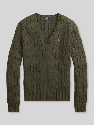 Produktfoto, Regular Fit Strickpullover aus Woll-Kaschmir-Mix von Polo Ralph Lauren in Olivgrün mit Zopfmuster, gerippte Abschlüsse, Logo-Stitching.